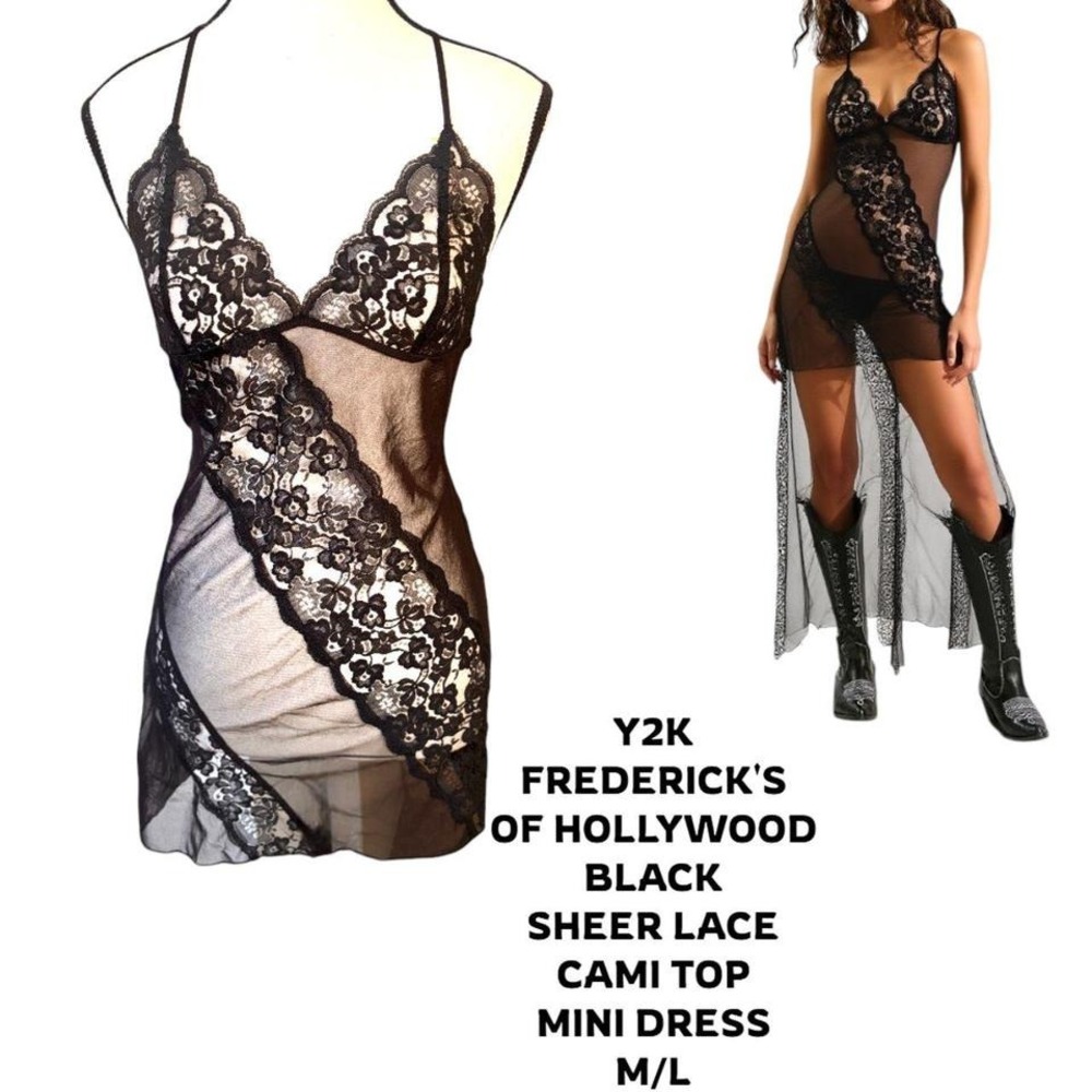 Y2K FREDERICK'S OF HOLLYWOOD BLACK GRUNGE SHEER LACE LONG CAMI MINI DRESS M/L